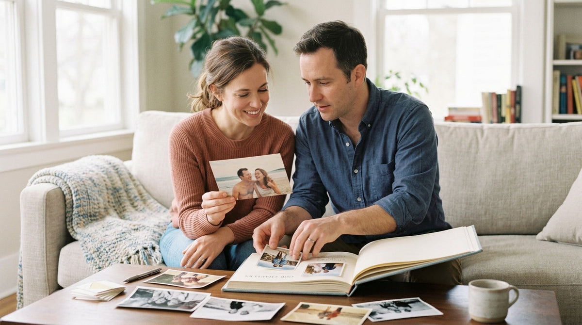 A couple revisiting photographs from different chapters of their relationship