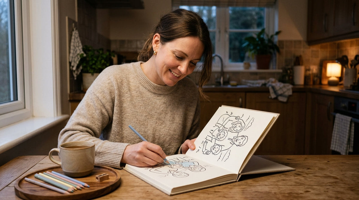 A mother relaxing with tea while colouring a family memory page in the evening