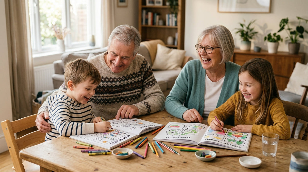 Grandparents and grandchildren sharing family colouring pages around a table