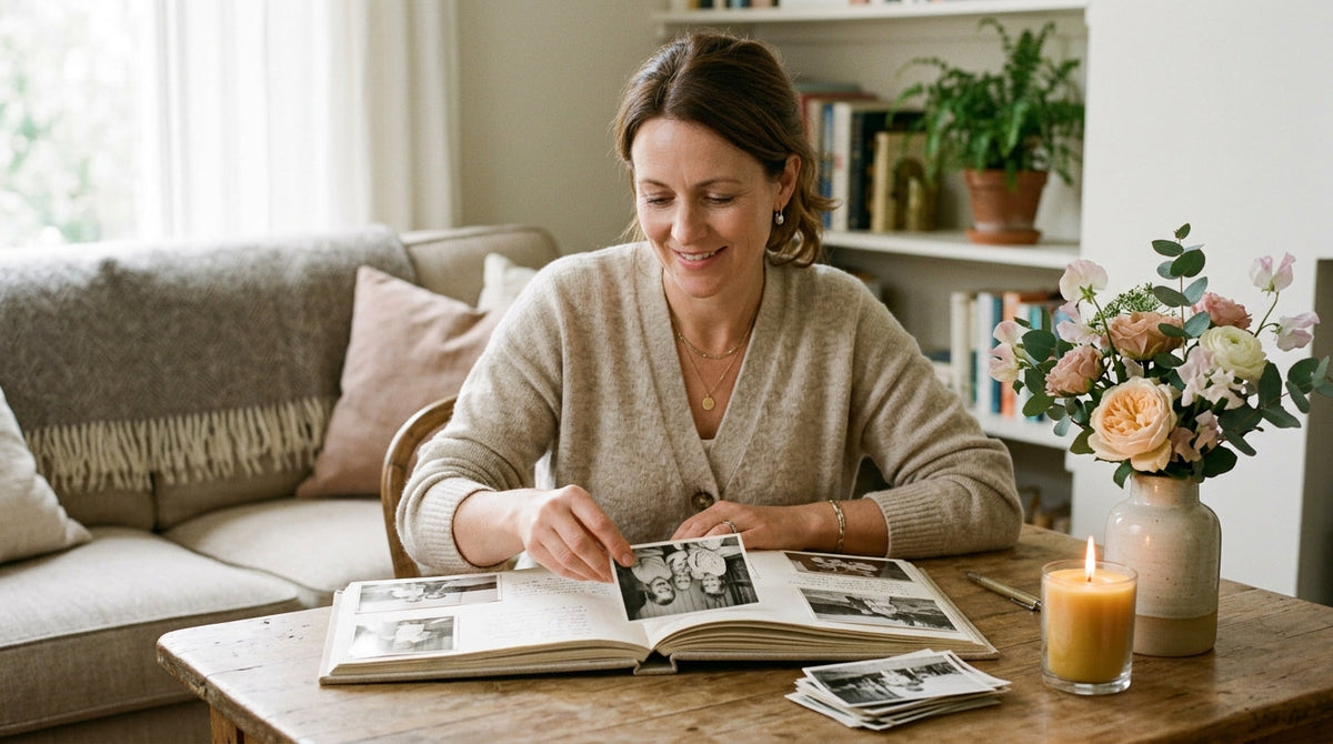 A woman peacefully arranging treasured family photographs into an album