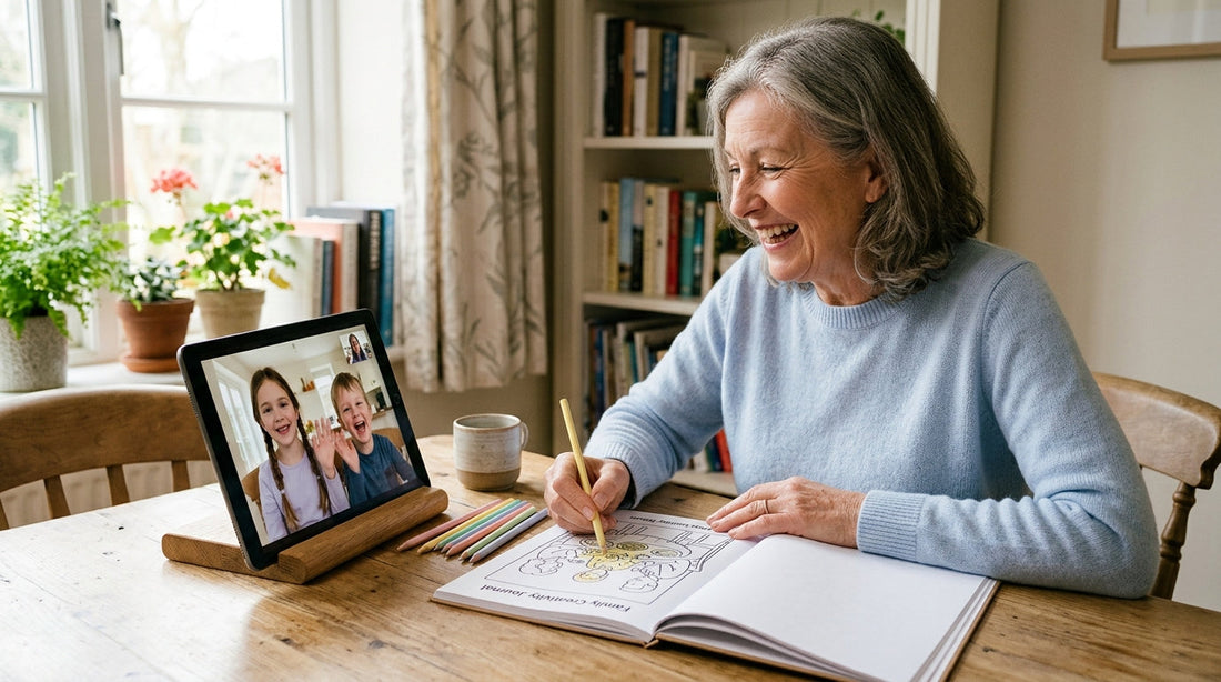 A grandmother colouring family holiday pages while video calling her grandchildren