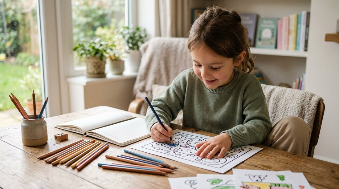 A child absorbed in imaginative, screen-free colouring in a calm sunlit room