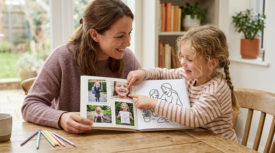 A parent and child revisiting everyday milestone photographs beside a custom colouring book