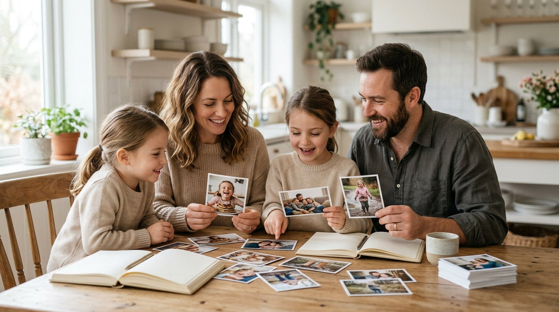 A family choosing meaningful candid photographs from everyday life together