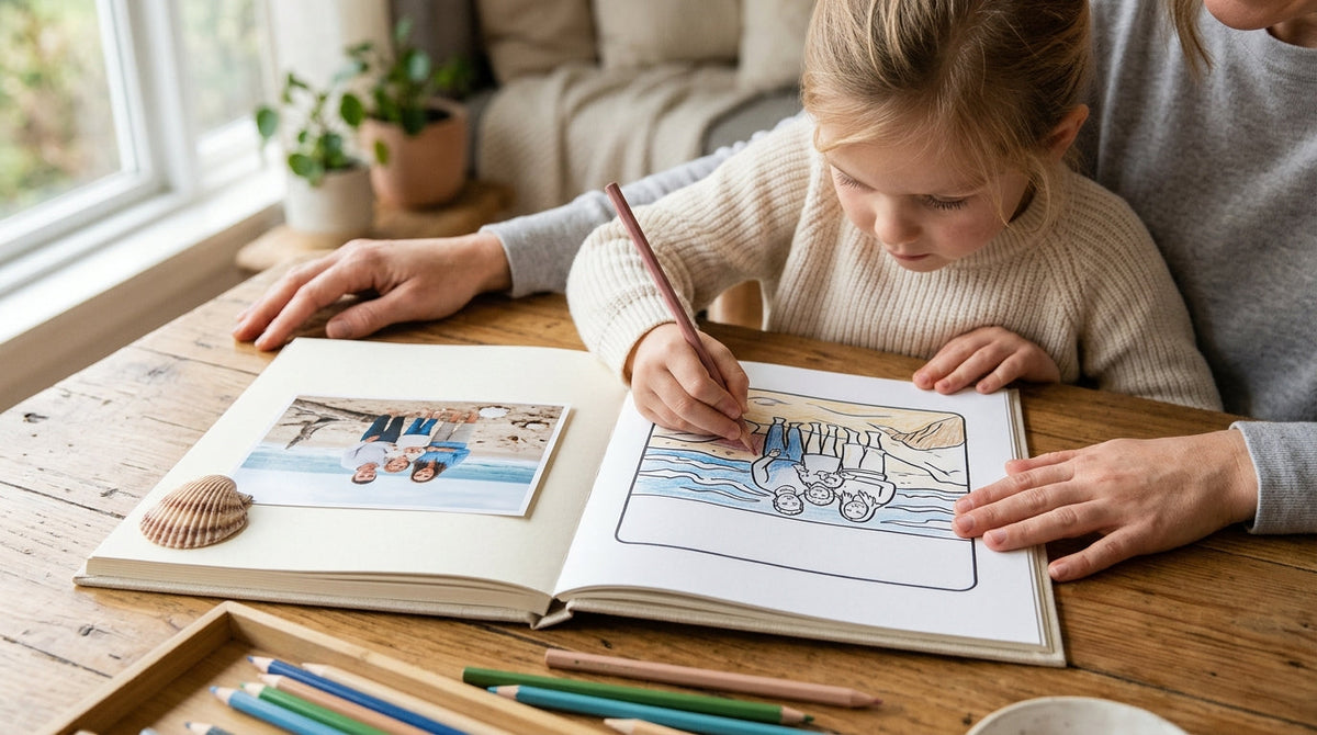 A child slowly colouring a clean outline made from a favourite family beach photograph