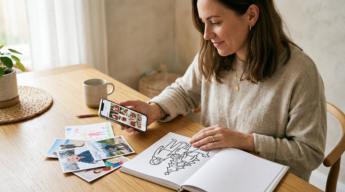 A parent choosing meaningful printed holiday keepsakes from a phone full of family photographs
