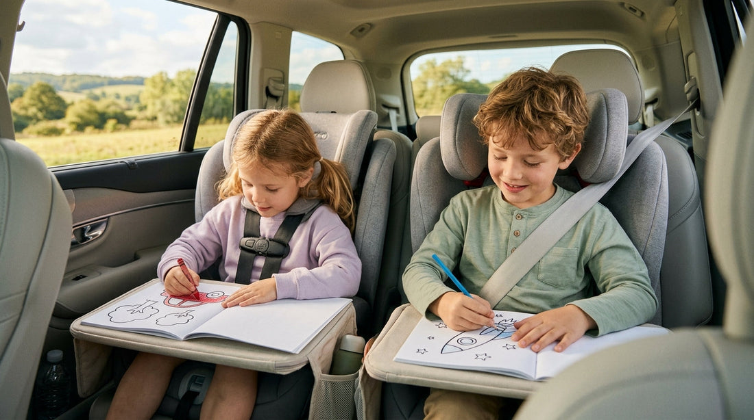 Children absorbed in colouring books while safely buckled into the back seat on a road trip