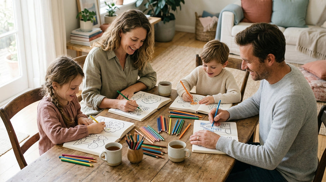 A family enjoying their regular screen-free colouring time together around the kitchen table