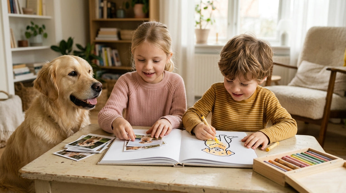 Children choosing pet photographs and colouring pages with their family dog beside them