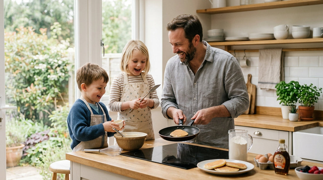 A father and his children laughing while making pancakes together
