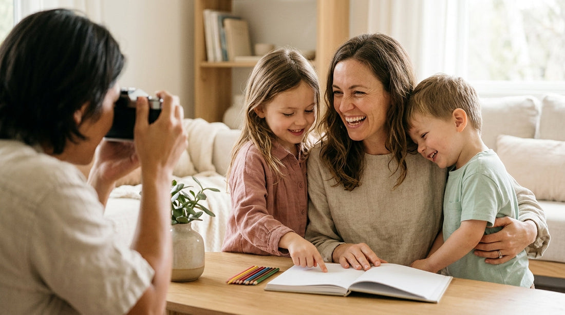 A mother laughing with her children while a family member takes their photograph
