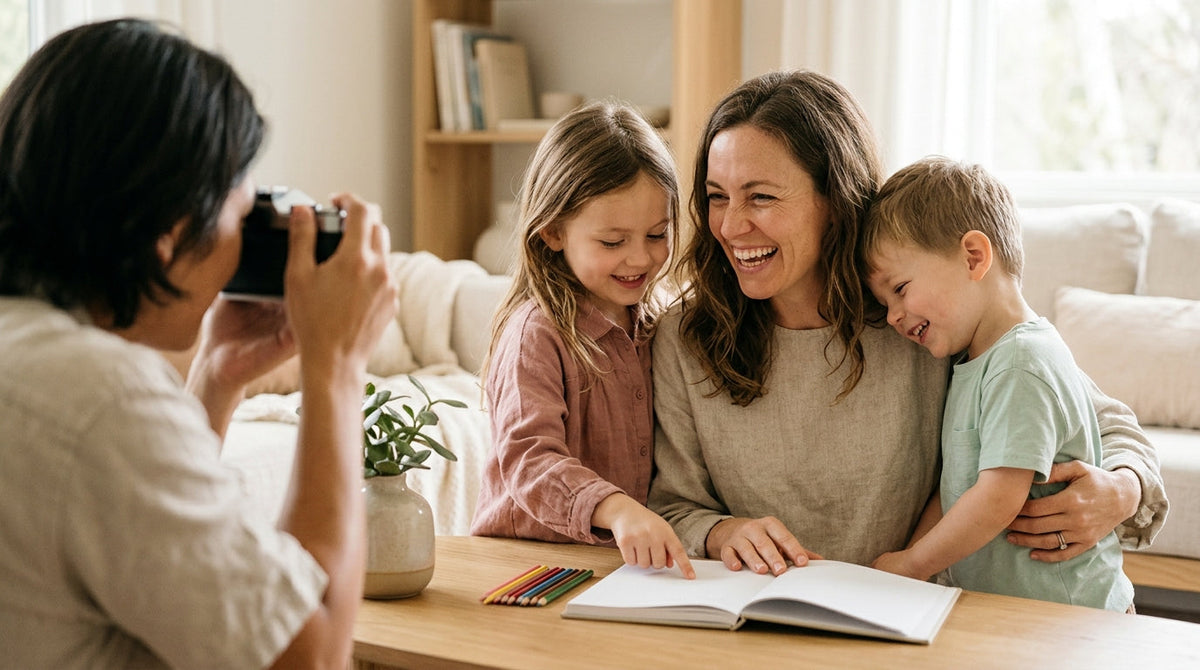 A mother laughing with her children while a family member takes their photograph
