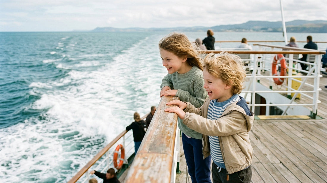 Children delighting in the wake and sea view from the deck of a family holiday ferry