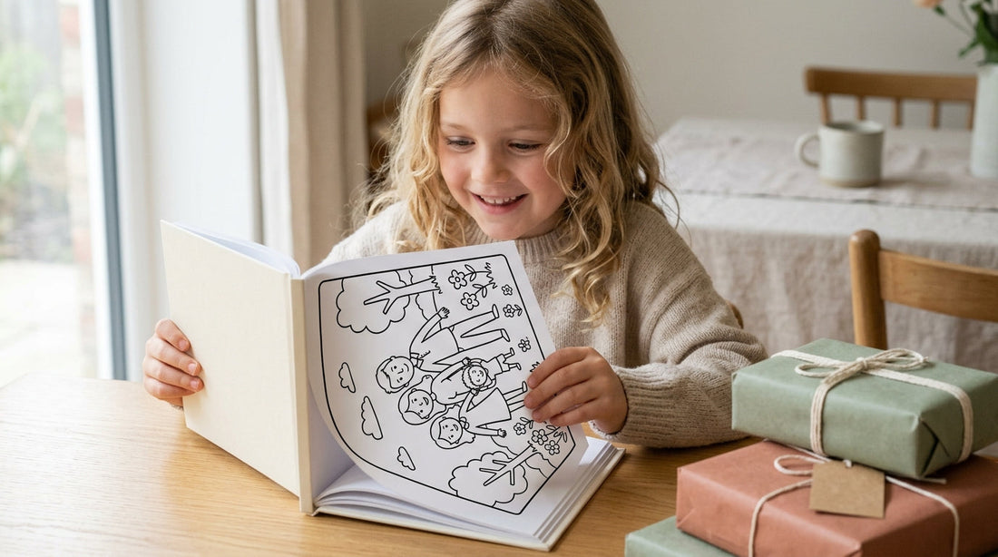 A delighted child opening a personalised family colouring book as a thoughtful gift