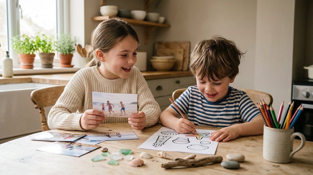 Children revisiting family holiday photographs and colouring pages together after returning home