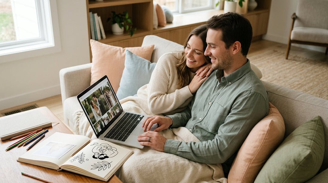 Newlyweds selecting meaningful photographs from their finished wedding gallery