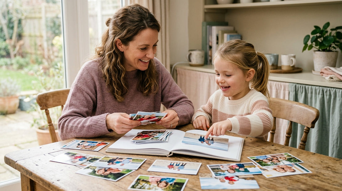 A parent and child selecting bright, clear family photographs for a personalised colouring book