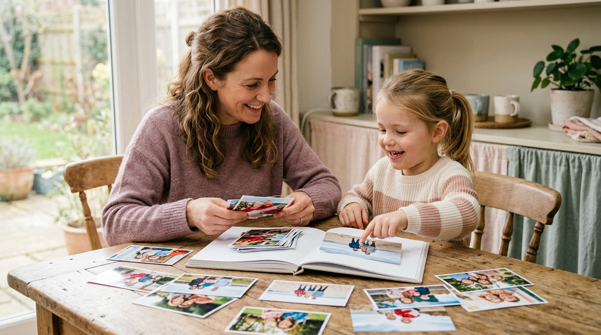 A parent and child selecting bright, clear family photographs for a personalised colouring book