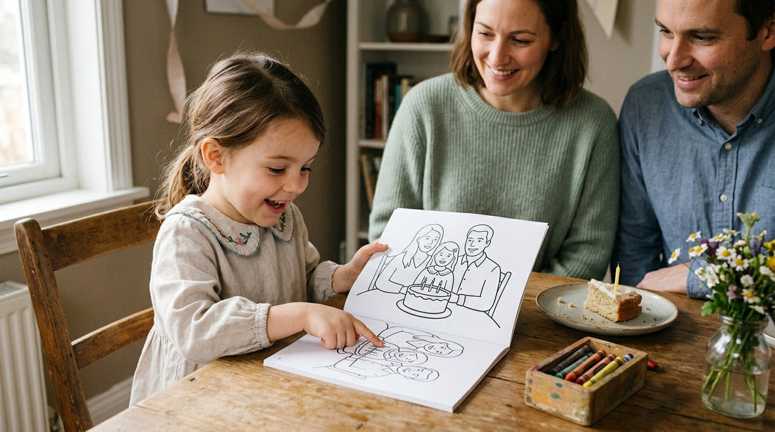 A child delighted to recognise herself and her family in a personalised colouring book
