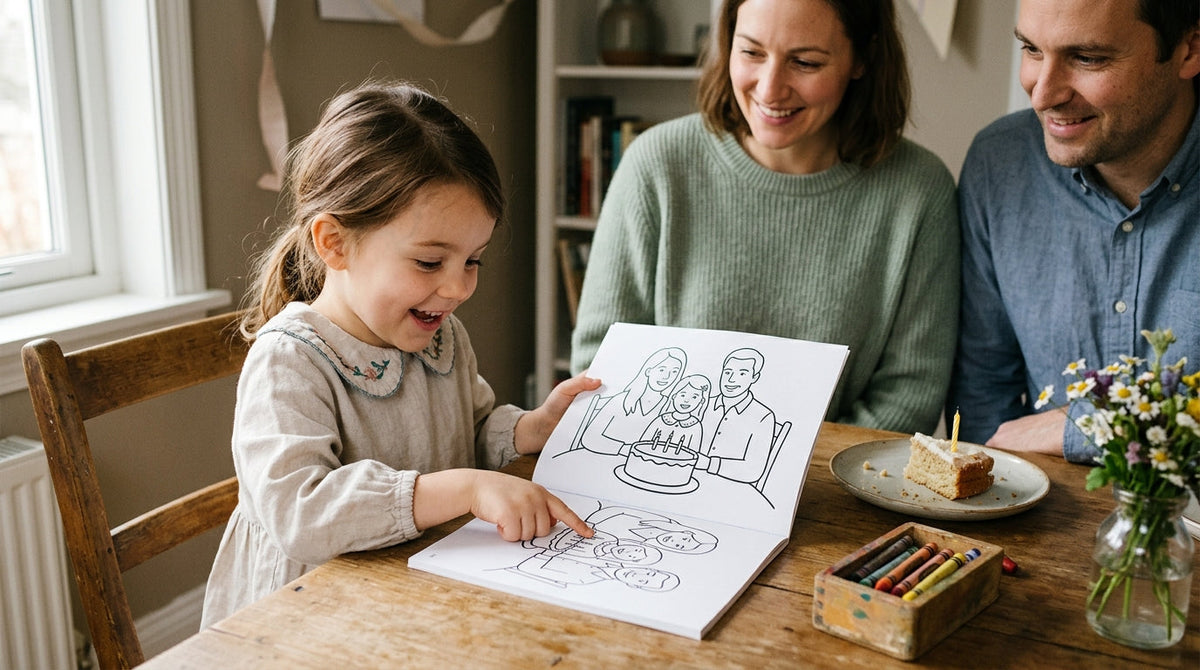 A child delighted to recognise herself and her family in a personalised colouring book