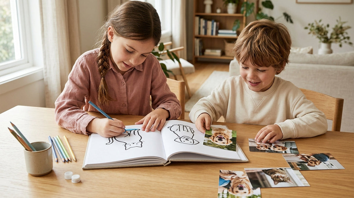 Children selecting pet photographs and colouring clean outlines of their dog and cat