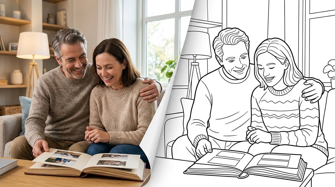 A couple sharing an album of memories, transitioning from a photograph into a clean colouring page outline (landscape)