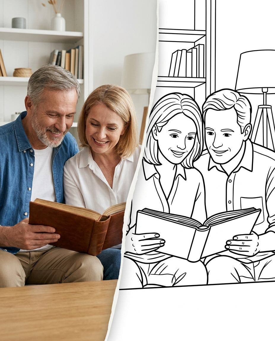 A couple sharing an album of memories, transitioning from a photograph into a clean colouring page outline (portrait)