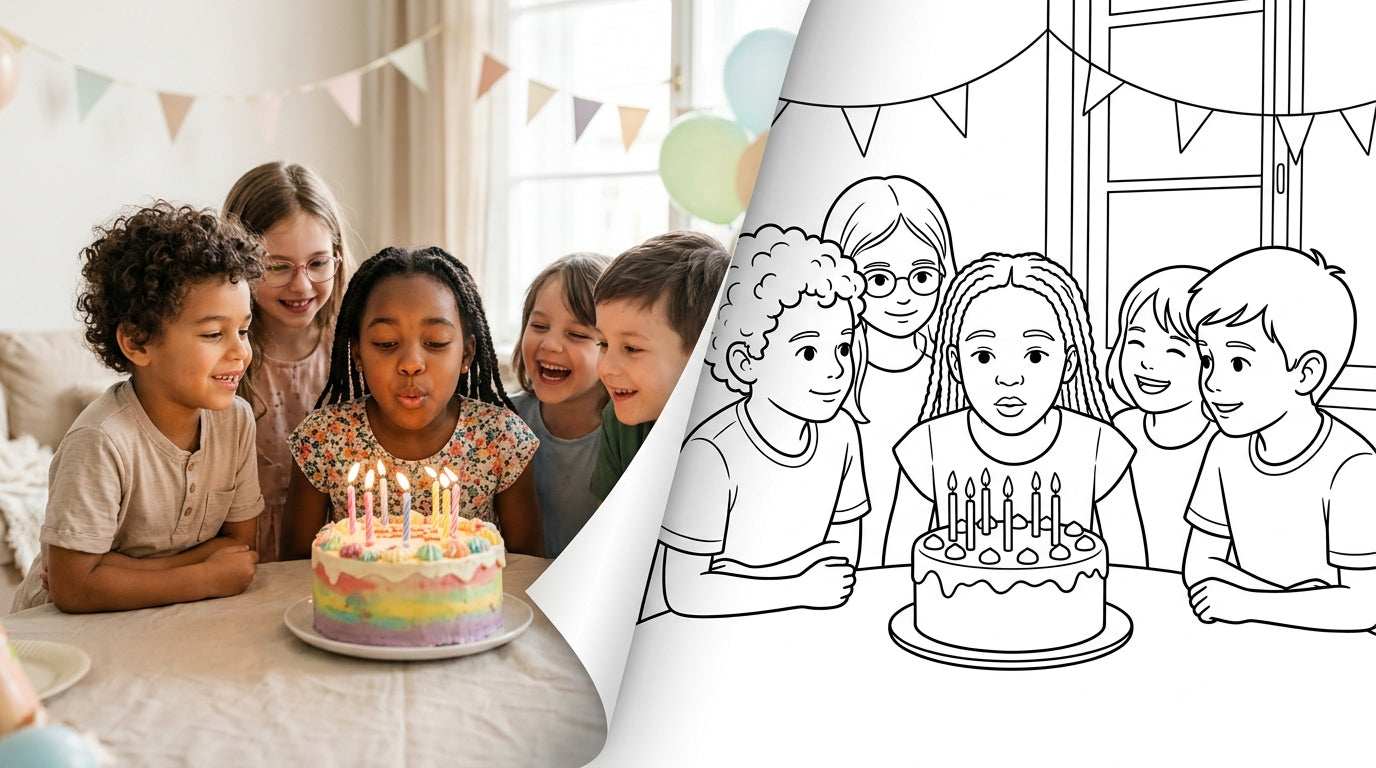 Children around a birthday cake, transitioning from a joyful photograph into a bold, clean colouring page outline (landscape)