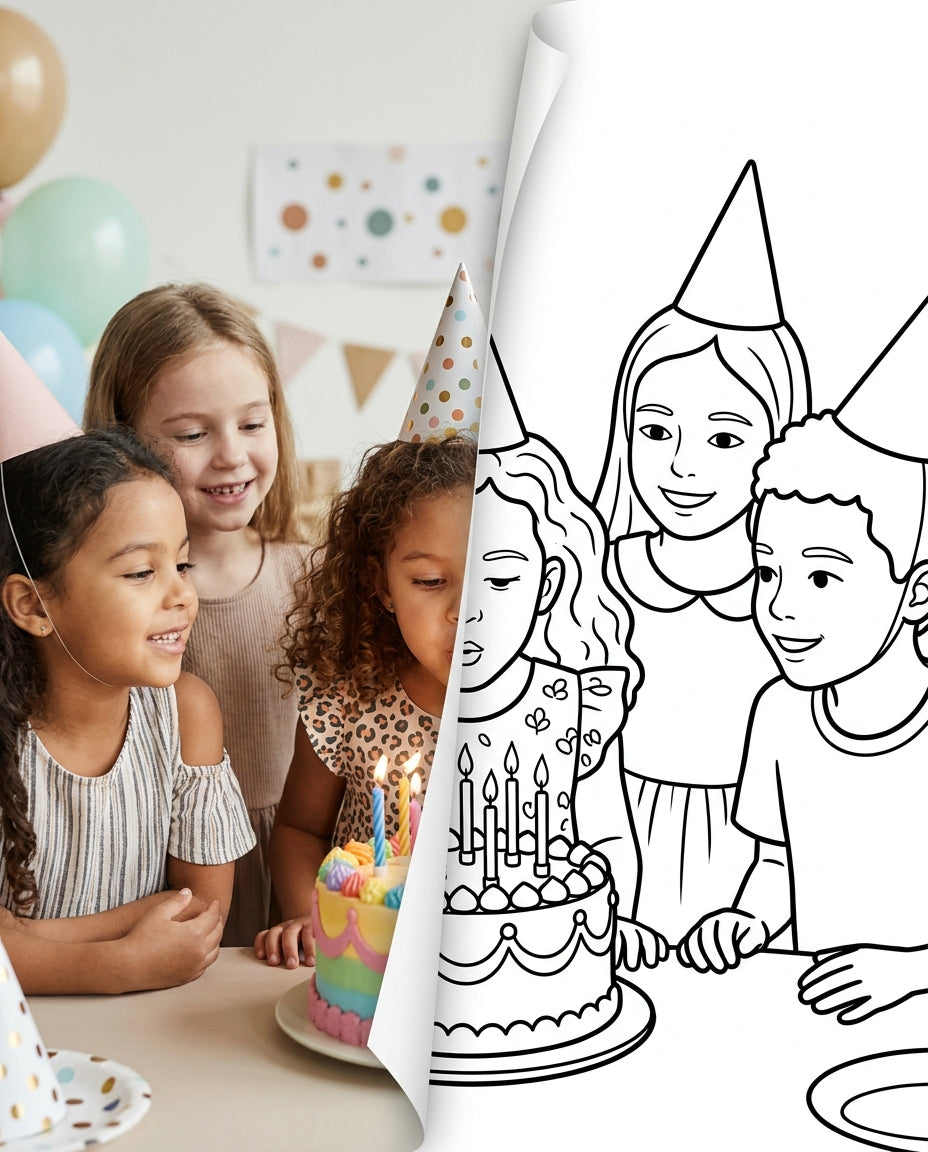 Children around a birthday cake, transitioning from a joyful photograph into a bold, clean colouring page outline (portrait)