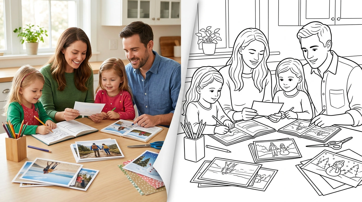 A family turning favourite photographs into colouring pages together at a bright kitchen table