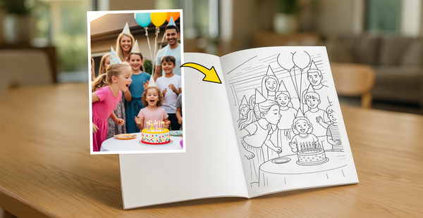 Coloring book with a picture of children at a birthday party on a table.