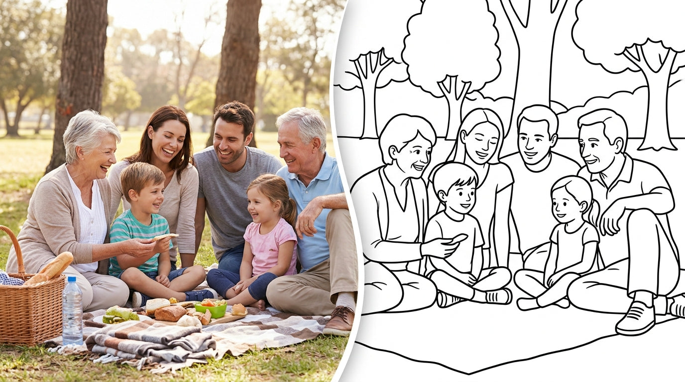 A multigenerational family picnic, transitioning from a photograph into a clean colouring page outline (landscape)