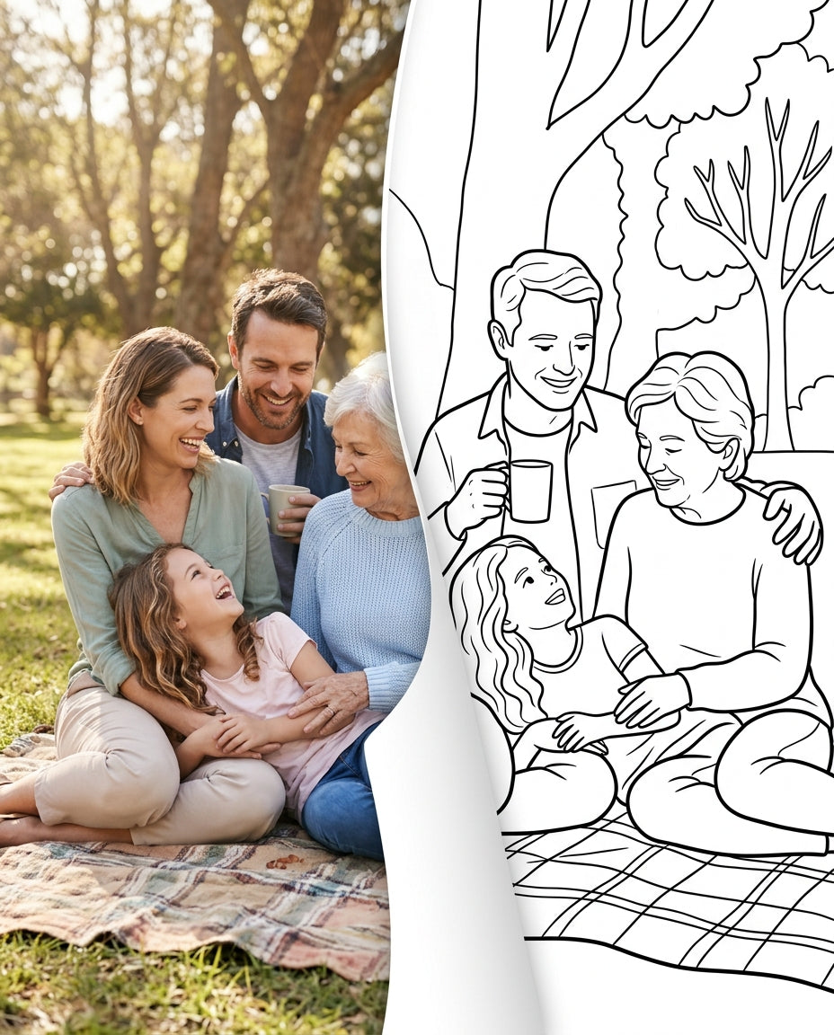 A multigenerational family picnic, transitioning from a photograph into a clean colouring page outline (portrait)