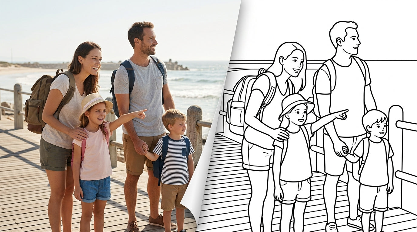 A family exploring a seaside boardwalk on holiday, transitioning from a photograph into a clean colouring page outline