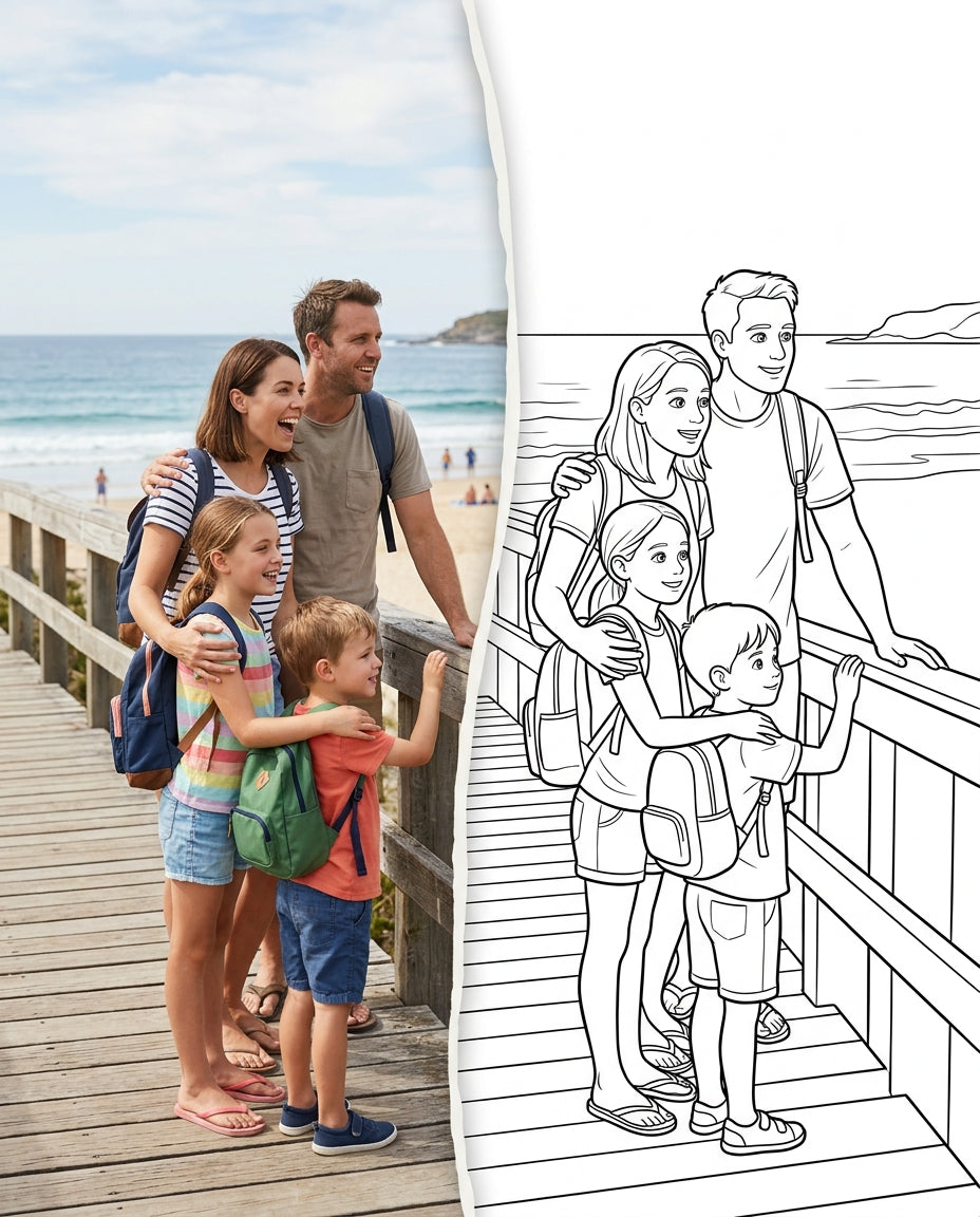 A family exploring a seaside boardwalk on holiday, transitioning from a photograph into a clean colouring page outline