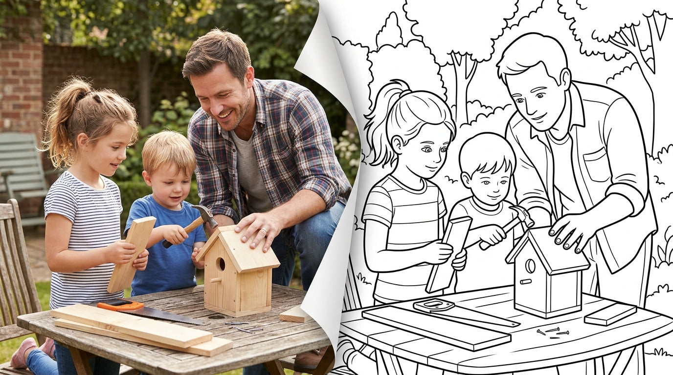 A father building a birdhouse with his children, transitioning from a photograph into a clean colouring page outline (landscape)