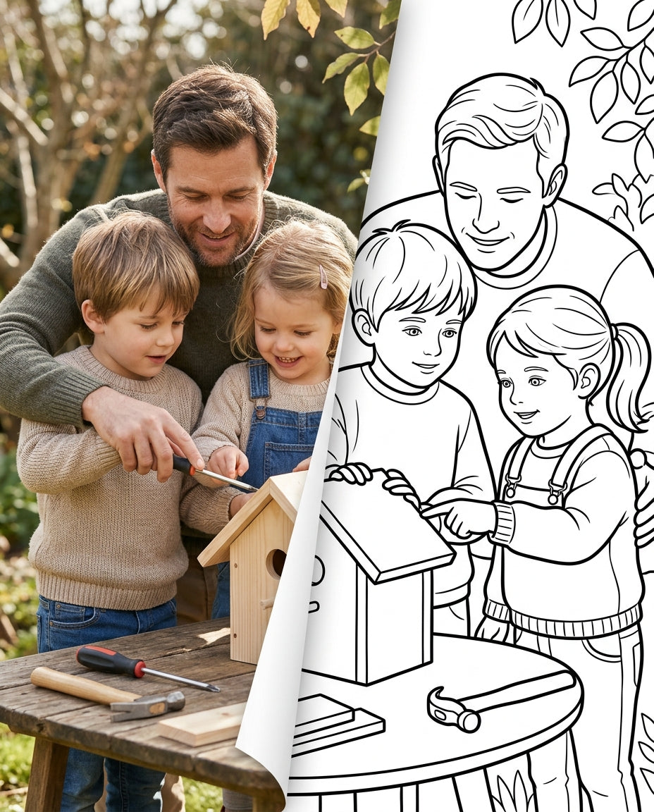 A father building a birdhouse with his children, transitioning from a photograph into a clean colouring page outline (portrait)