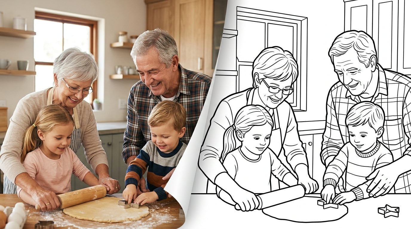 Grandparents baking with their grandchildren, transitioning from a photograph into a clean colouring page outline (landscape)