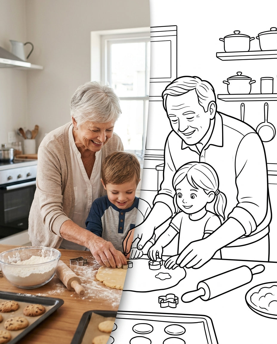 Grandparents baking with their grandchildren, transitioning from a photograph into a clean colouring page outline (portrait)