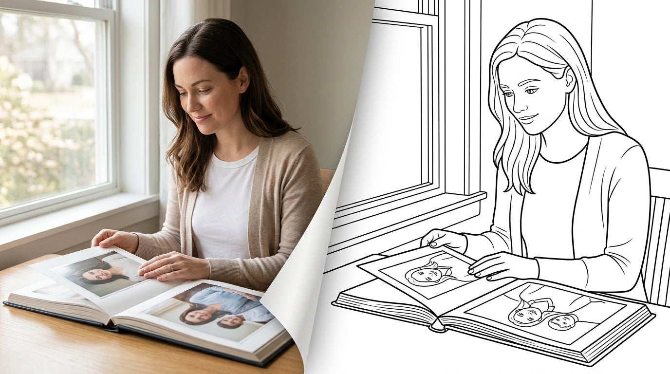 A woman looking through a correctly oriented family photo album, transitioning into a clean remembrance colouring page