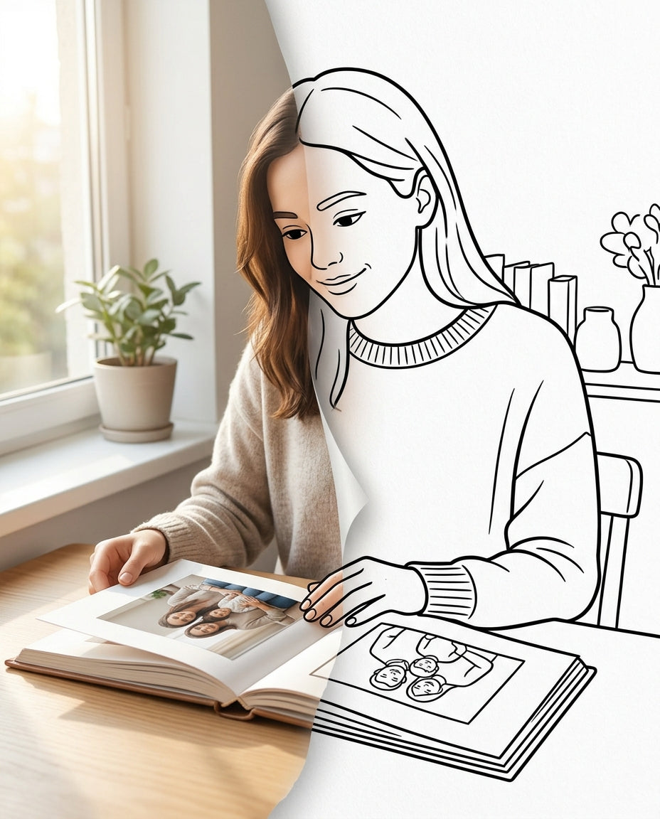 A woman looking through a correctly oriented family photo album, transitioning into a clean remembrance colouring page