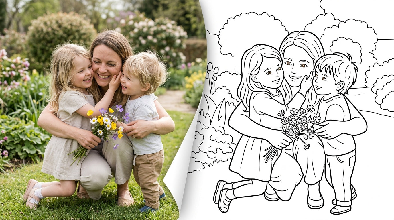 A mother hugging her children in a garden, transitioning from a photograph into a clean colouring page outline (landscape)
