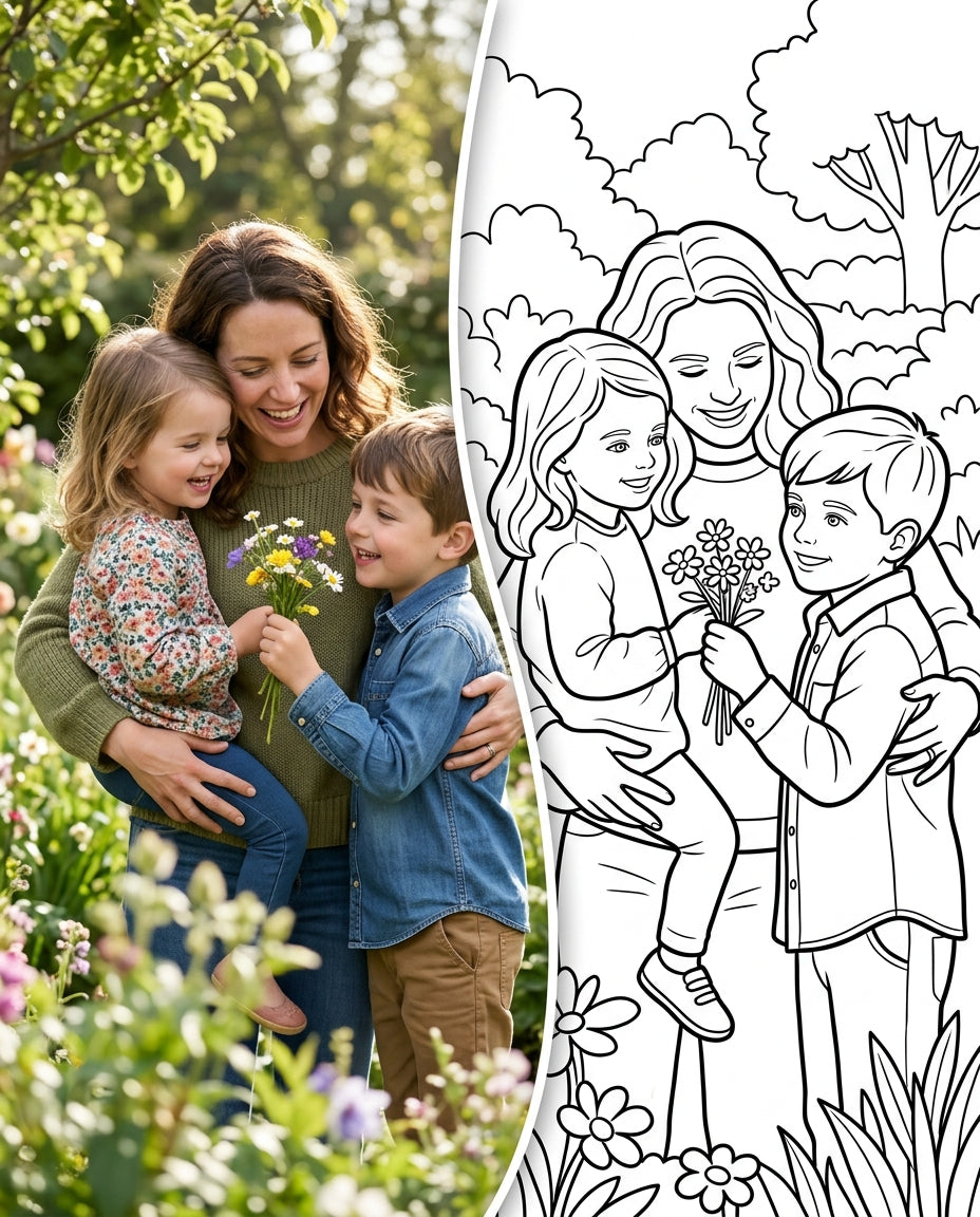 A mother hugging her children in a garden, transitioning from a photograph into a clean colouring page outline (portrait)