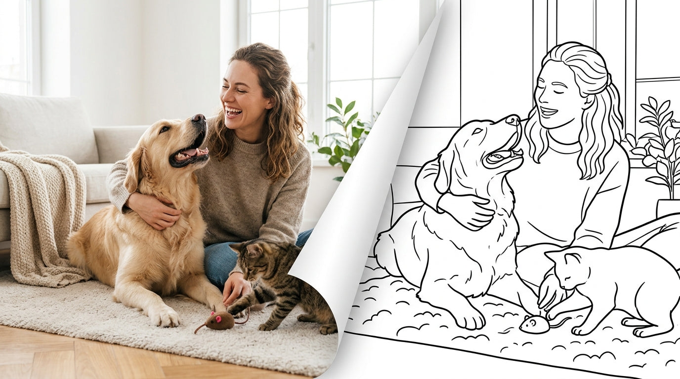 A pet owner with a dog and cat, transitioning from a photograph into a clean colouring page outline (landscape)