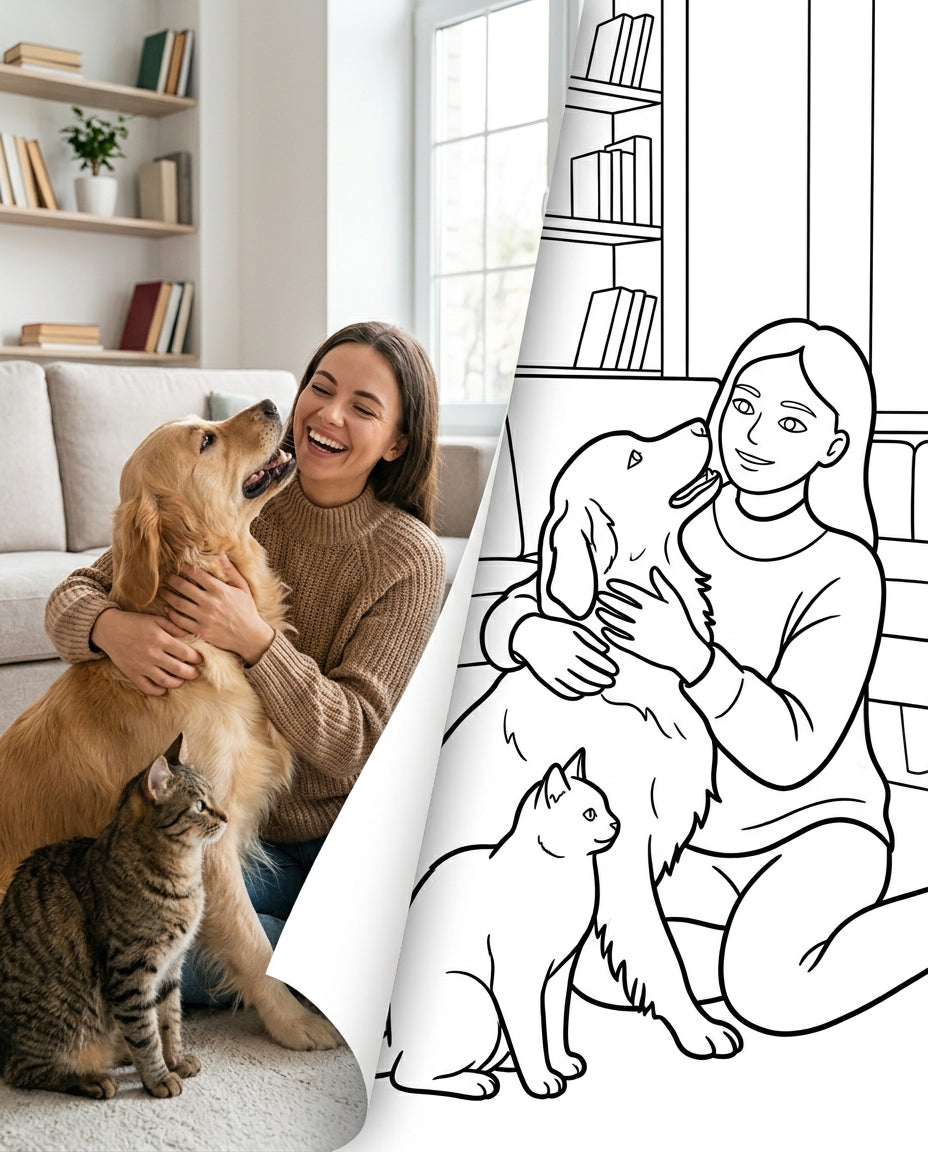 A pet owner with a dog and cat, transitioning from a photograph into a clean colouring page outline (portrait)