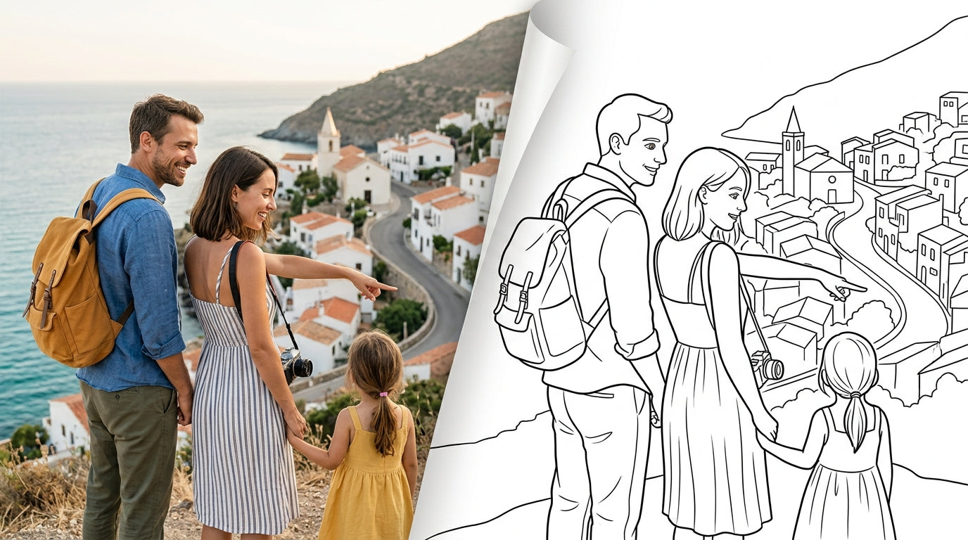 A family overlooking a coastal village on holiday, transitioning from a photograph into a clean colouring page outline (landscape)