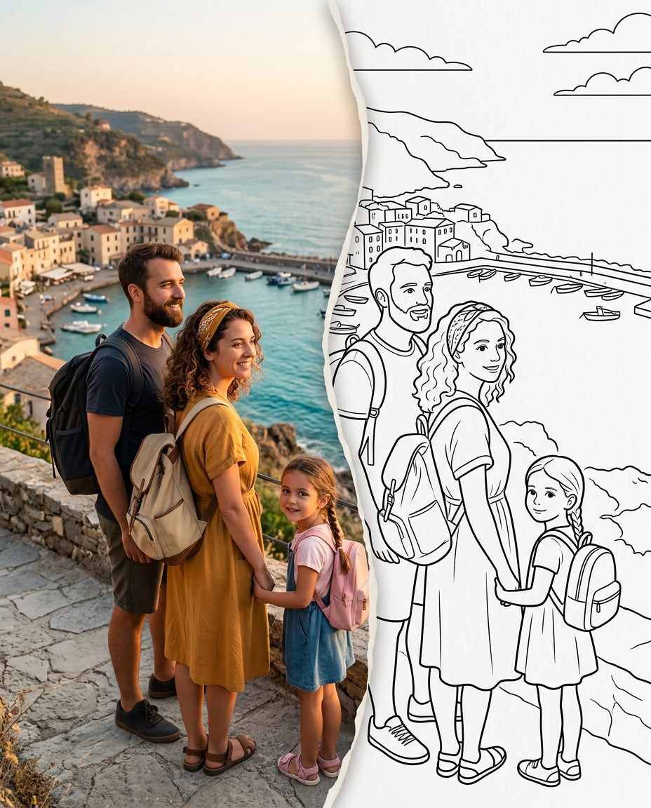 A family overlooking a coastal village on holiday, transitioning from a photograph into a clean colouring page outline (portrait)