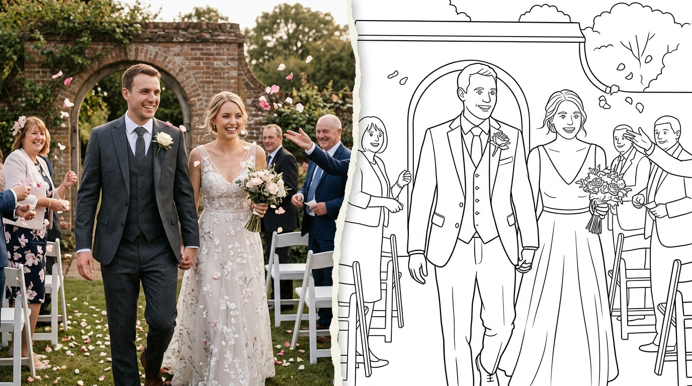 A newlywed couple leaving a garden wedding, transitioning from a photograph into a clean colouring page outline (landscape)