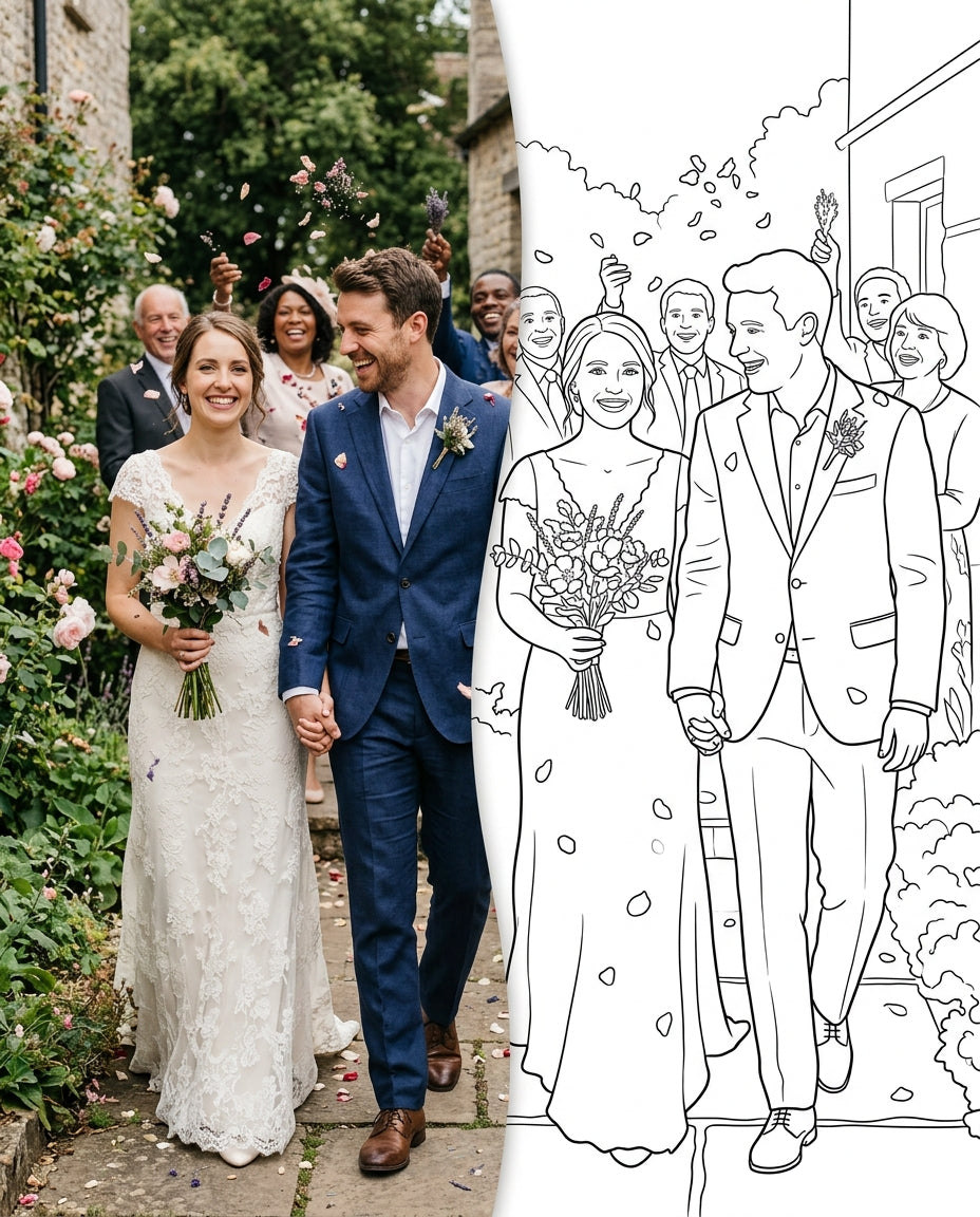 A newlywed couple leaving a garden wedding, transitioning from a photograph into a clean colouring page outline (portrait)